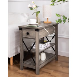 Awescuti Narrow End Table with Charging Station Farmhouse Slim Side Table with USB Ports and Power Outlets, Nightstand with Flip Top and Storage Drawer, for Small Spaces Living Room Bedroom, Gray
