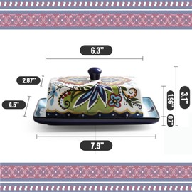 Ceramic Butter Dish with Lid Bohemia Hand Drawn Butter Plate Tray with Cover for Cheese Vintage Cheese Container Holder European-Style Butter Keeper for Home Kitchen 7.9 x 4.5 x 3.1 Inches (1)