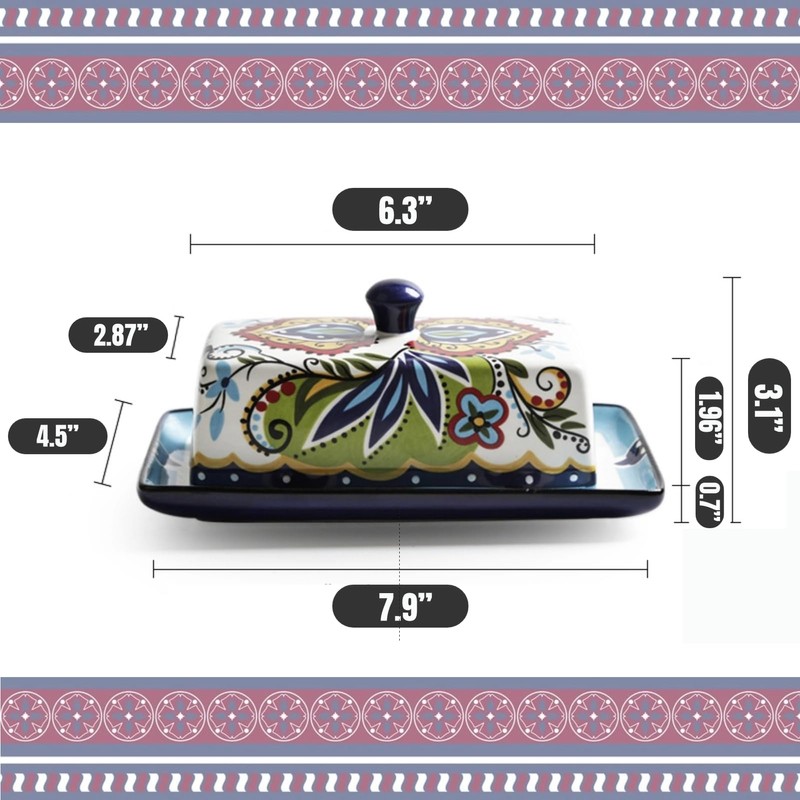 Ceramic Butter Dish with Lid Bohemia Hand Drawn Butter Plate