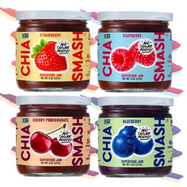 Chia Smash Jam, Variety 4-Pack | No Sugar Added, Naturally Sweet Jelly | Keto Friendly, Low Calorie, Low Carb | Non GMO, Upcycled, Vegan, Plant Based, Paleo | Strawberry, Raspberry, Blueberry, Cherry