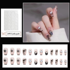 False Nails French Tip,24PCS Black White Gradient False Nails,Acrylic Full Cover Fake Nails with Jelly Glue for Women Girls (Black,White,Heart, One Size)