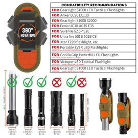 IronSeals 2 Pack 360° Rotatable Clip LED Flashlight Torch Holder Stretchable Adjustable Flashlight Torch Holster Holder Belt Case Pouch
