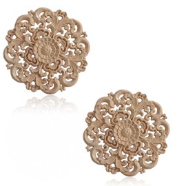 KSJEHW 2 Pieces Wooden Carved Decorative Round Onlay Applique Unpainted Wooden Sculpture for DIY Crafts Arts Crafts Corner Furniture Coffee Table Door Decoration Ornament (Style 1, 12 cm)