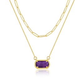 Lourny Gemstone Birthstone Pendant Layered Necklace for Women Trendy, 18K Gold Plated Paperclip Chain Preppy Choker Charm Necklace for Women Wife Jewelry (Purple)