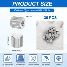 PATIKIL M2 Knurled Thumb Nuts, 30pcs 304 Stainless Steel Female Thread Type Flat Head Blind Hole Round Hand Tighten Knob Fasteners Screw Cap Adjust Lock Position, D5mm x H5mm