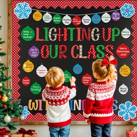 Christmas Bulletin Board Decorations Set DIY Christmas Light Bulbs Snowflake Cutouts Lighting Up Our Class with Kindness Classroom Bulletin Border Stickers for Winter Xmas Classroom Wall Door Decor