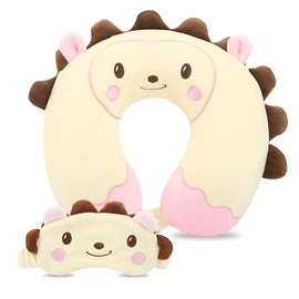 Sexysamba Travel Pillow for Kids Adults with Sleep Eye Mask Cute Cartoon U Shaped Memory Foam Neck Pillows for Travel Head Rest & Neck Support for Airplane, Car, Office Sleeping, Cream Hedgehog