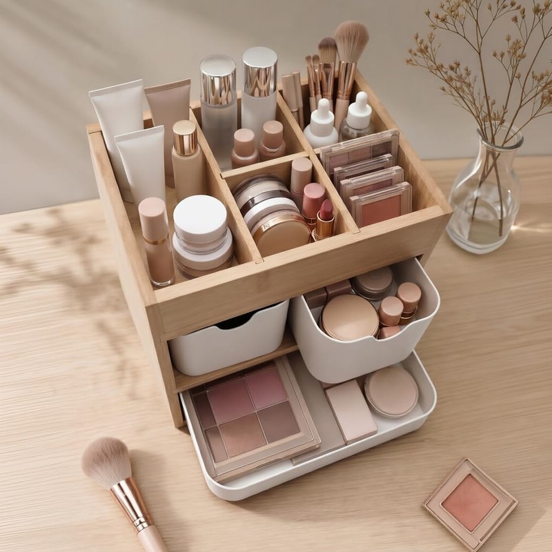 Bamboo 3-Drawer Makeup Organizer, Mortise & Tenon Vanity Box Desk