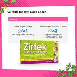Zirtek hayfever Tablets | Allergy Relief Cetirizine Antihistamine Tablets | 60 Allergy Tablets 10mg | 24 Hour Relief for Hayfever Dust Pets Runny Nose & Hives | Adults and Children Over 6