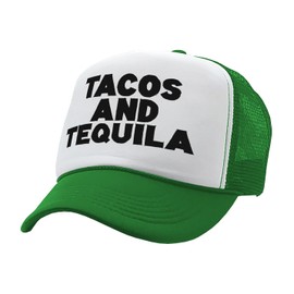 TEQUILAS and Tacos - Party time Mexican Food - Vintage Retro Style Trucker Cap Hat (Green)