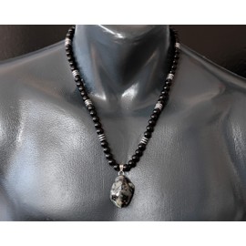 ElisaJewelryArt - Natural Emerald Crystal Pendant Black Onyx Stone Beaded Necklace Genuine Gemstone Unconditional Love Stone Clasp Closure Necklace Unisex Necklace (22.00, Dark Emerald)