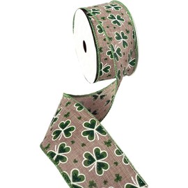 Faux Jute Glitter Shamrocks Ribbon - 2 1/2" x 10 Yards, Glittery Emerald Green Shamrocks on Natural Ribbon, St. Patrick's Day, Earth Day, Kiss Me I'm Irish, Gift Wrapping, Clovers