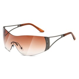 TIANYESY Y2K Sunglasses For Women Men Fashion Shield Rimless Wrap Around Sunglass Gradient Lens Trendy Oversize Sun Glasses (Grey frame gradient tea slice)