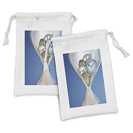 Ambesonne Clock Fabric Pouch Set of 2, Hourglass Time Clocks with Sand Pattern for Home a Vintage Design Print, Small Drawstring Bag for Toiletries Masks and Favors, 9" x 6", Blue and Sand Brown