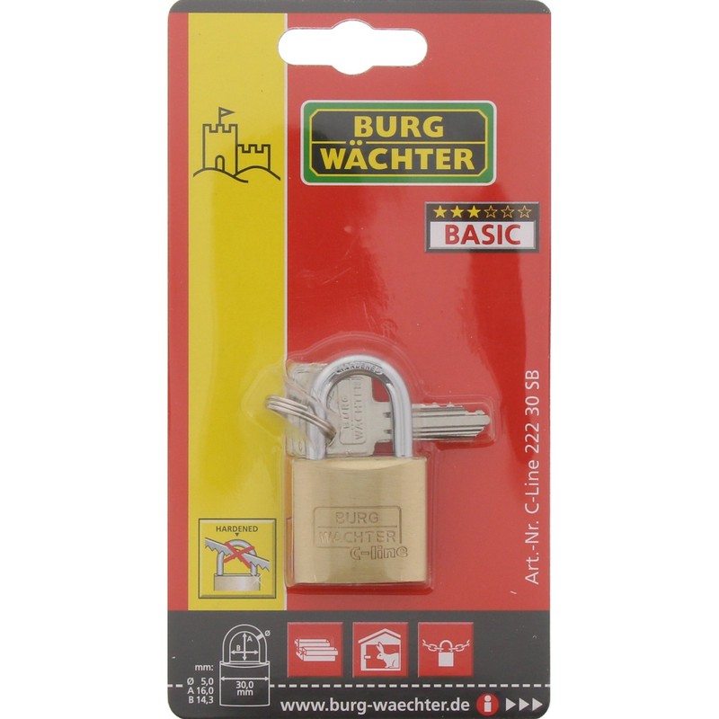 Burg Wächter 222 30 Brass Padlock 30mm-222 SB, Gold, Silver