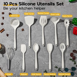 Kitchen Cooking Utensils Set of 10, Onader Silicone Utensils Set for Cooking, Includes Non Toxic Turner Spoon Spatula Whisk Pasta Server - White