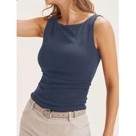 Cicy Bell Womens Boat Neck Tank Tops Summer Tight Ruched Sleeveless Shirts Navy