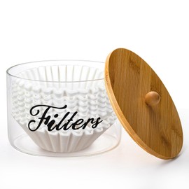 Cididu Coffee Filter Holder with Bamboo Lid, Glass Large Coffee Pod Holder for Counter, Clear Coffee Filter Dispenser Basket, K Cup Countertop Storage Container for Kitchen Cafe Bar Accessories