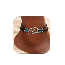 ALRNBY Heart Ankle Bracelet for Women Layered Anklets Stretchy Elastic Beaded Anklets Black/White/Blue Beaded Anklets Boho Trendy CZ Coconut Tree Jewelry Gift