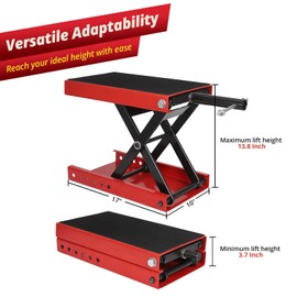 GarveeTech Motorcycle Lift Scissor Jack Steel Wide Deck Hoist Crank Center Stand, Motorcycle Stand with 1100 LBS for ATVs, Dirt Bikes and Motorcycles Red