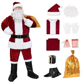 Christmas Santa Claus Costume Set Men's Santa Costume Adult Velvet Santa Suit Christmas Outfit (crimson-9pcs)