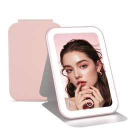 Kintion LED Schminkspiegel, 16 x 10,8 cm Tragbarer Spiegel mit Beleuchtung, Dimmbar 3 Farbmodi, Wiederaufladbarer Reisespiegel, Klappbarer Kosmetikspiegel mit Beleuchtung, Geschenk für Frauen, Rosa
