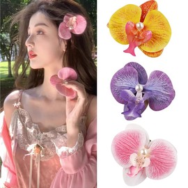 5PCS Simulated Flower Hair Clip Multicolored Phalaenopsis Crocodile Barrettes Big Chiffon Orchid Flower Hairpin Bohemian Hawaiian Headwear Hair Accessory Seaside