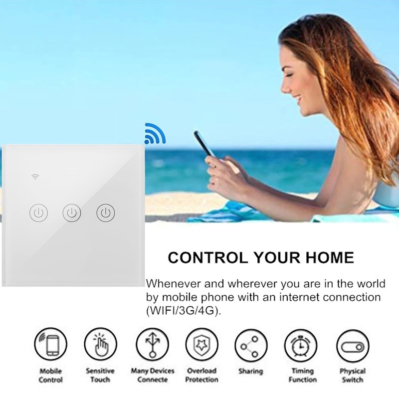 BeMatik Smart Switch Triple Touch White Compatible with Google Home,