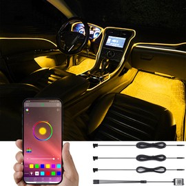 TABEN Car Ambient Lighting Kit, 3 in 1 with 4 m Fibre Optic Multicoloured Car Atmosphere Lighting Kit, Music Rhythm Sound Active Memory Function and Bluetooth App Control DC 12 V
