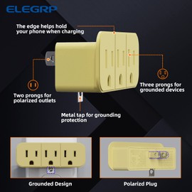 ELEGRP 2 to 3 Prong Grounded Triple Outlet Extender, 2-Prong to 3-Prong Adapter Converters for Wall Outlets, Portable Polarized Wall Plug Splitter with 3 AC Outlets, ETL Listed, 3 Packs, Ivory