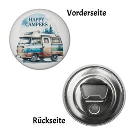 Camping Car Magnet with Bottle Opener Round with Saying Happy Campers Ideal for Caravans Perfect for Travel, Holidays at the Campsite