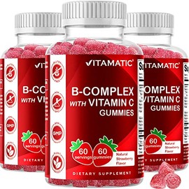 Vitamatic Vitamatic Vitamin B Complex Gummies with Vitamin C & Inositol - Natural Strawberry Flavor - 60 Gummies (3 Bottles)