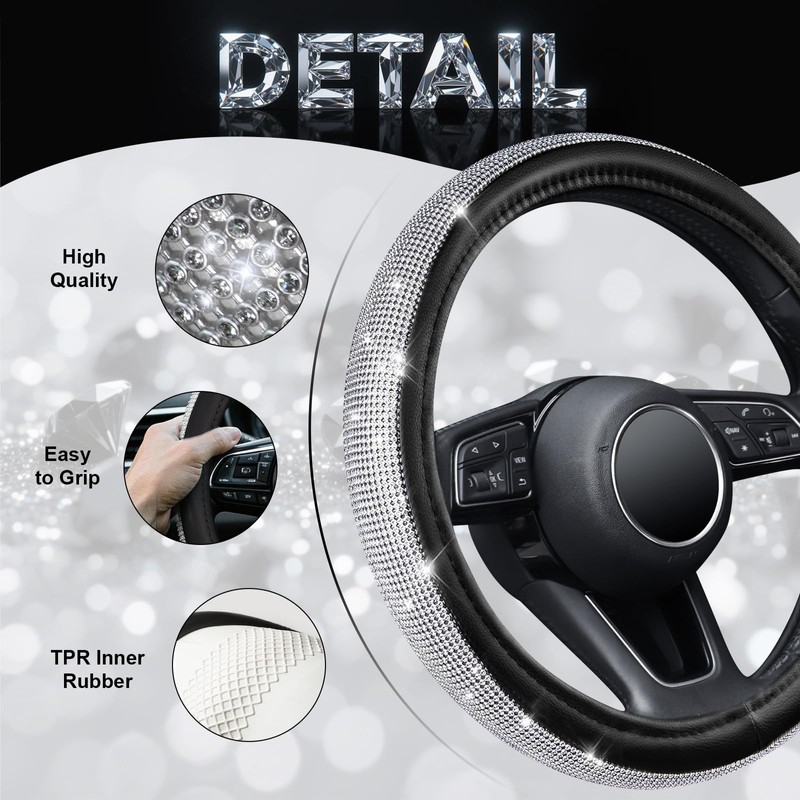 KAFEEK Diamond Leather Steering Wheel Cover with Bling Bling Crystal