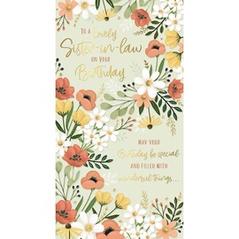 Sister-in-Law Birthday Card, Floral Design with Gold Foil Text, Coral and Yellow Flowers