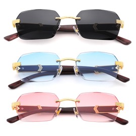LIU·WEN Fashion Rimless Sunglasses for Men 3 Pack - Retro Frameless Rectangle Men Shades Tinted Eyewear(Gray + Pink + Blue)