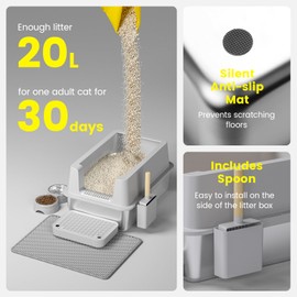 VNAKIO Stainless Steel Cat Litter Box - Enclosed XL Metal Kitty Litter Box with Lid for Big Cats, High Sided, Anti-Leakage, Easy Cleaning, Non-Sticky, Included Litter Mat, Cat Bowl & Spoon