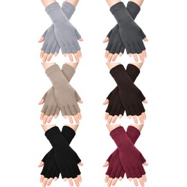 SATINIOR Unisex Half Finger Gloves Winter Stretchy Knit Fingerless Typing Gloves for Women (Black, Light Grey, Light Tan, Red, Coffee, Dark Grey,6 Pairs)