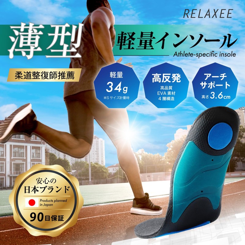 RELAXEE Insole, Sports, Shock Absorption, Arch Support, Footbed, Thin, Men's,