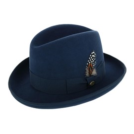 Epoch hats company Men's Wool Felt Homburg Godfather Hat with Feather, Small, Navy