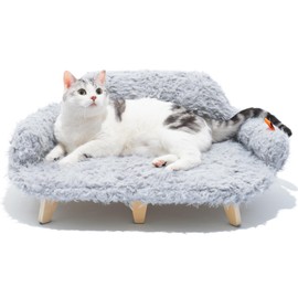 MEWOOFUN Removable Washable Cover Cat Bed - 26"x18.3"x8.5" Elevated Wooden Pet Sofa for Cats & Small to Medium Dogs, Modern Pet Furniture (Grey)
