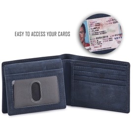 COCHOA Men's Real Leather RFID Blocking Stylish Bifold Wallet with 2 ID Window (Crazy Horse, Navy)
