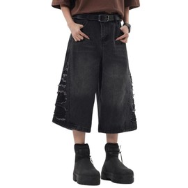 Lafaguw Baggy Jorts for Women Men Ripped High Waist Wide Leg Jeans Shorts Casual Cropped Jeans Summer Clothes(Black5-L)