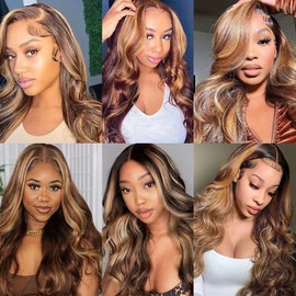 Honey Blonde Body Wave Bundles Honey Brown Bundles Human Hair 20 22 24 Inch Blonde Highlight Bundles Human Hair Silky Soft 3 Bundles Hair Weave Ombre Brown Bundles Remy Hair Extensions