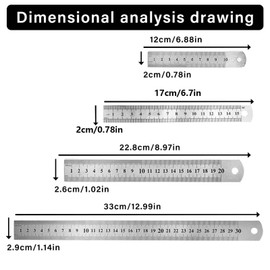 Set of 4 Steel Rulers Metal 10 15 20 30 cm (4, 6, 8, 12 Inch) Measuring Tools, Suitable for Office, School, Home Study