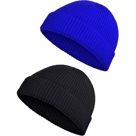 SATINIOR 2 Pieces Winter Short Fisherman Beanie Hat Trawler Beanie Watch Hat Edge Skullcap for Men (Black and Blue)