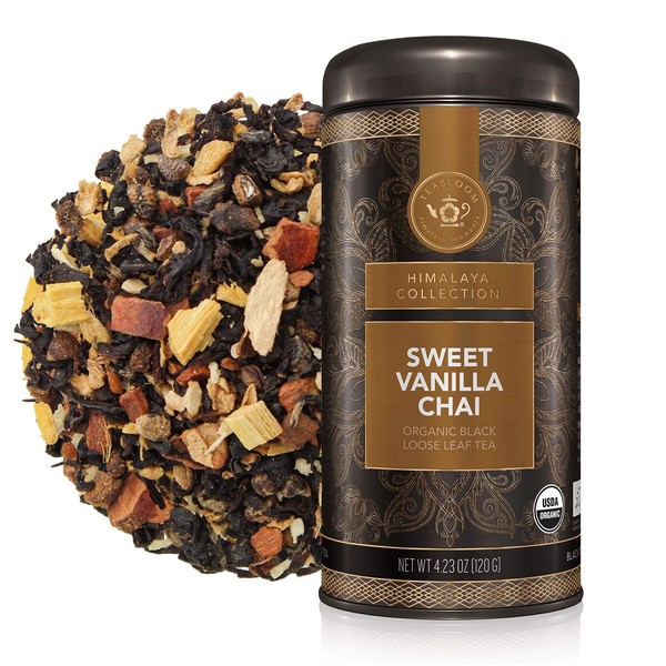 Teabloom Organic Black Tea, Sweet Vanilla Chai Loose Leaf Tea, Rich and Spicy Vanilla-Scented Blend, Exceptional USDA Organic Whole Leaf Blend, 3.53 Ounce Loose Leaf Tea Canister Makes 35-50 Cups