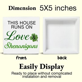 St. Patrick's Day Decorations, This House Runs on Love and Shenanigans Wooden Block Sign, Shamrock Decorations, St. Patrick's Day Home Decor for Desk Table Shelf, 5 X 5 Inches