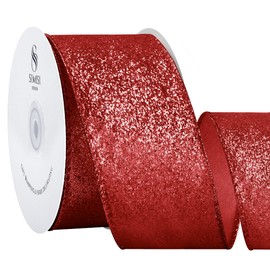 SIMISI RIBBON Red Glitter Velvet Ribbon Wired for Christmas Tree Decorations, Outdoor Decor, Garland and Wreath Ornaments (2.5 Inch, 20 Yards)