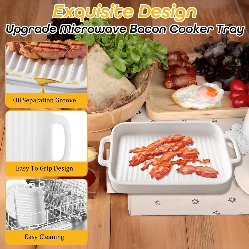 Upgraded White Ceramic Bacon Baking Tray, Microwave-Safe Bacon Cooking Tray,