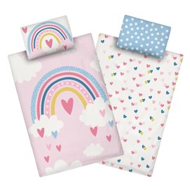 Aminata kids Children's Bed Linen 100 x 135 cm Children's Girls Cotton Rainbow Reversible Children's Bedding Set Clouds Hearts YKK Zip Pink